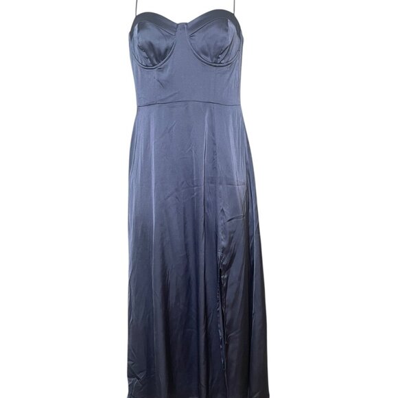 ASTR The Label Blue Satin Midi Dress Size Small Adjustable Straps Slit - Picture 2 of 7